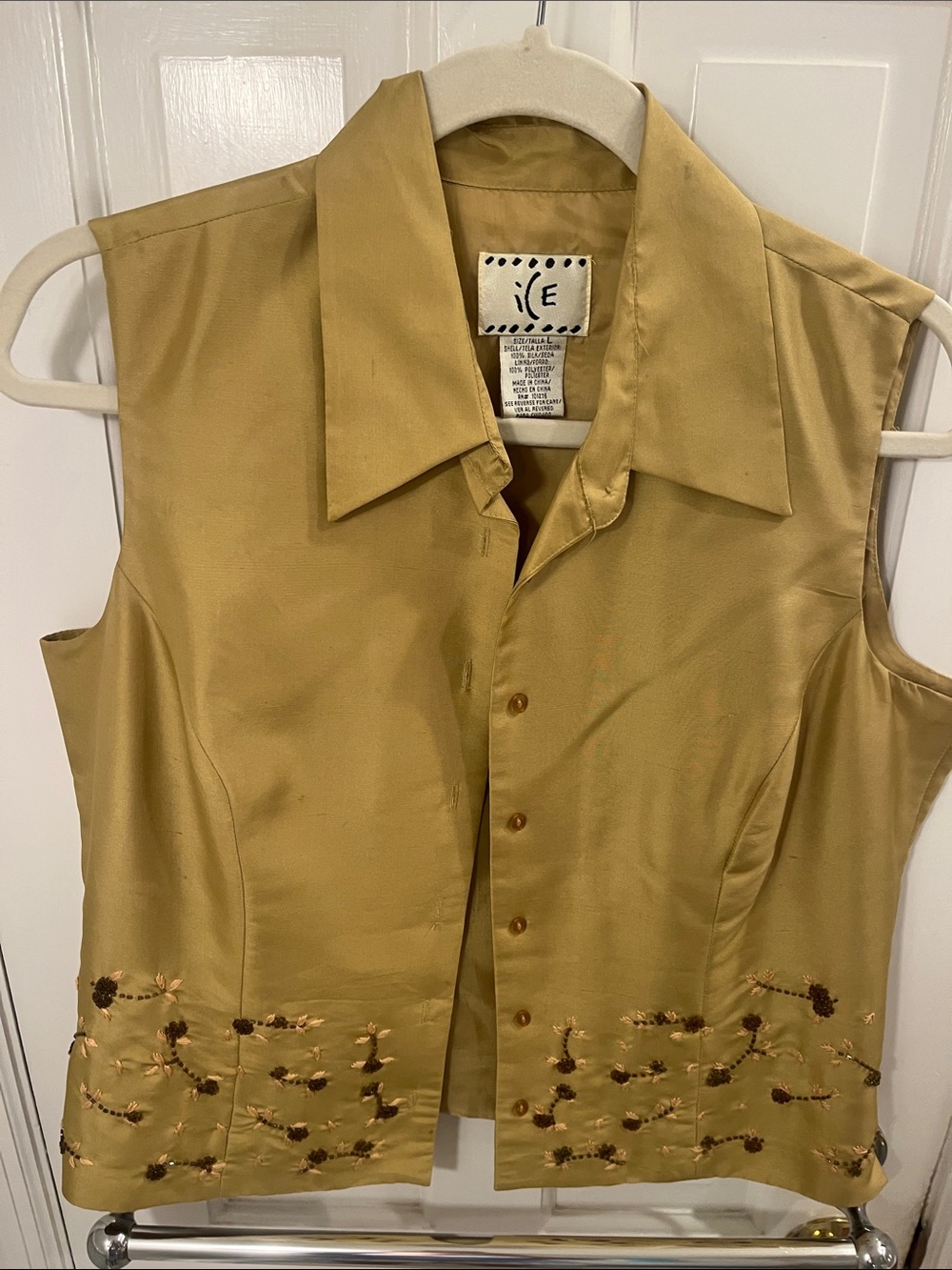 Ice Gold Satin Sleeveless Embroidered Button-Front Blouse